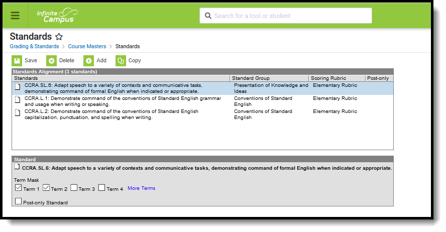 Screenshot of the Standards tool for a course master.