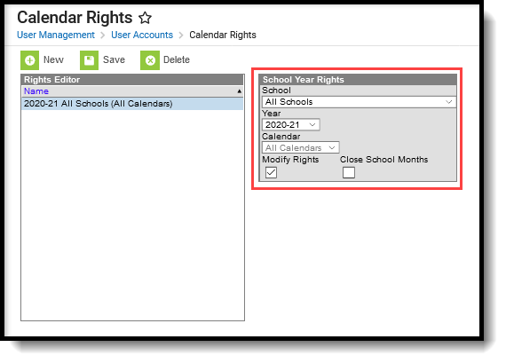 Screenshot highlighting the School Year Rights section in the Calendar Rights tool. 
