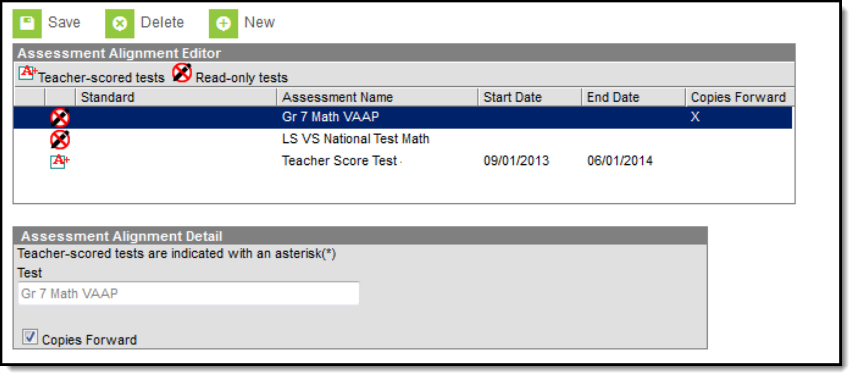 Screenshot of aligned assessment set to copy forward
