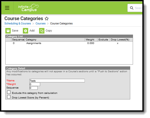Screenshot of the categories tool with one selected and the category detail showing below. 