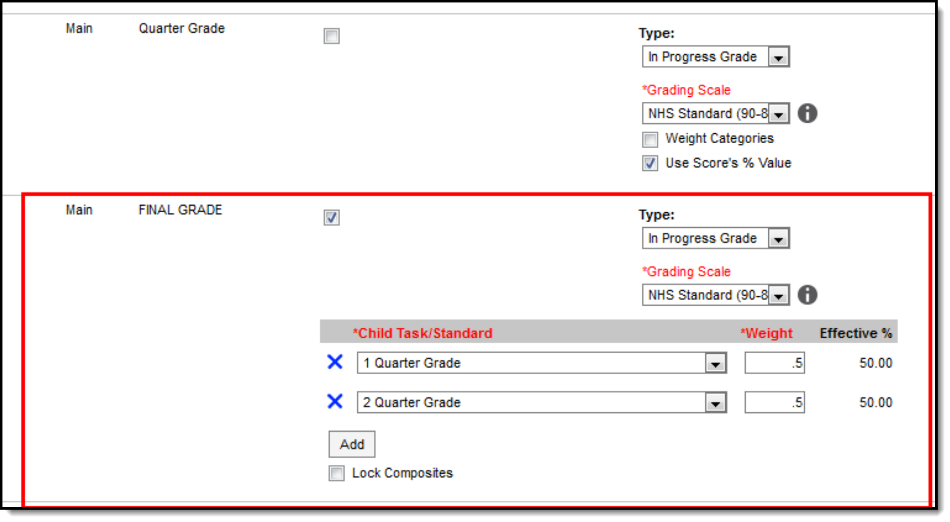 Screenshot highlighting a task with composite grading setup, the Composite checkbox marked and child tasks with weights entered. 