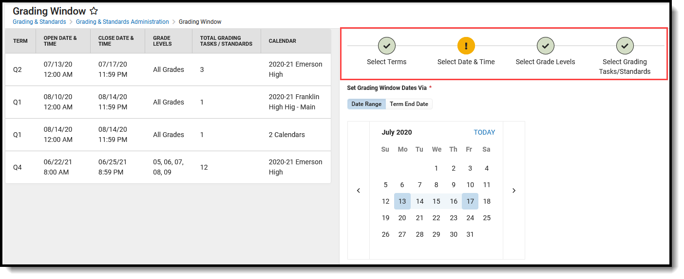 Screenshot showing the Grading Window Progress Tracker with a date range selected.