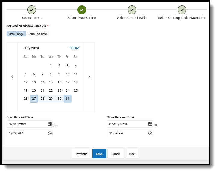 Screenshot showing date range selection for a grading window.