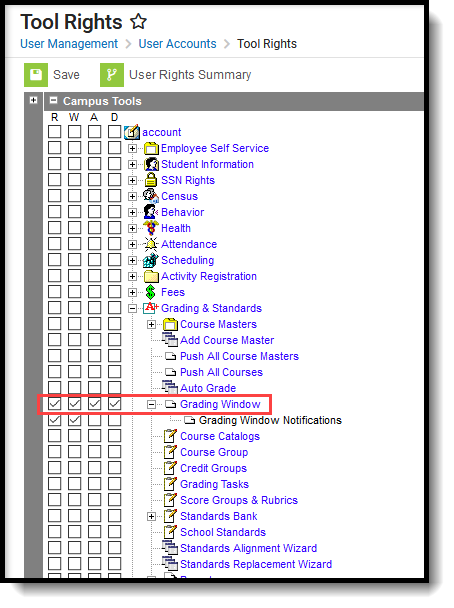 Screenshot of Grading Window tool rights in Campus Classic View.