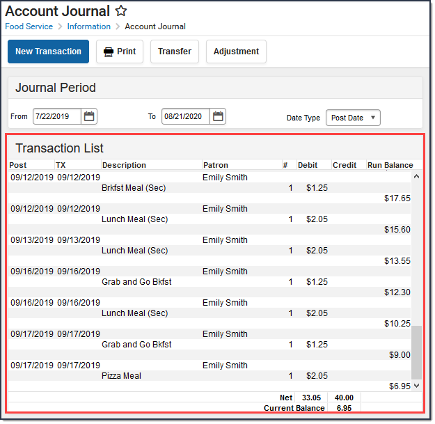 Screenshot of the Transaction List Editor