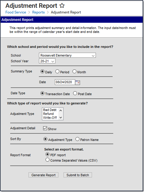 Screenshot of Adjustment Report Editor Screen Example
