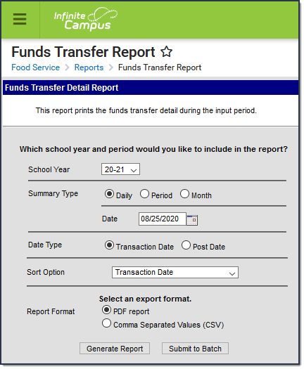 Screenshot of the Funds Transfer editor, located at Food Service, Food Service Reports. 