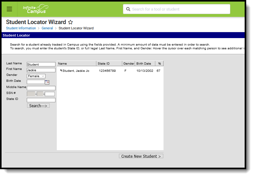Screenshot of Student Locator Wizard and fields.