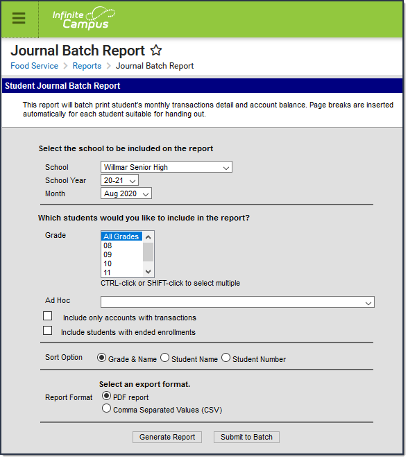 Screenshot of the Journal Batch Report Editor