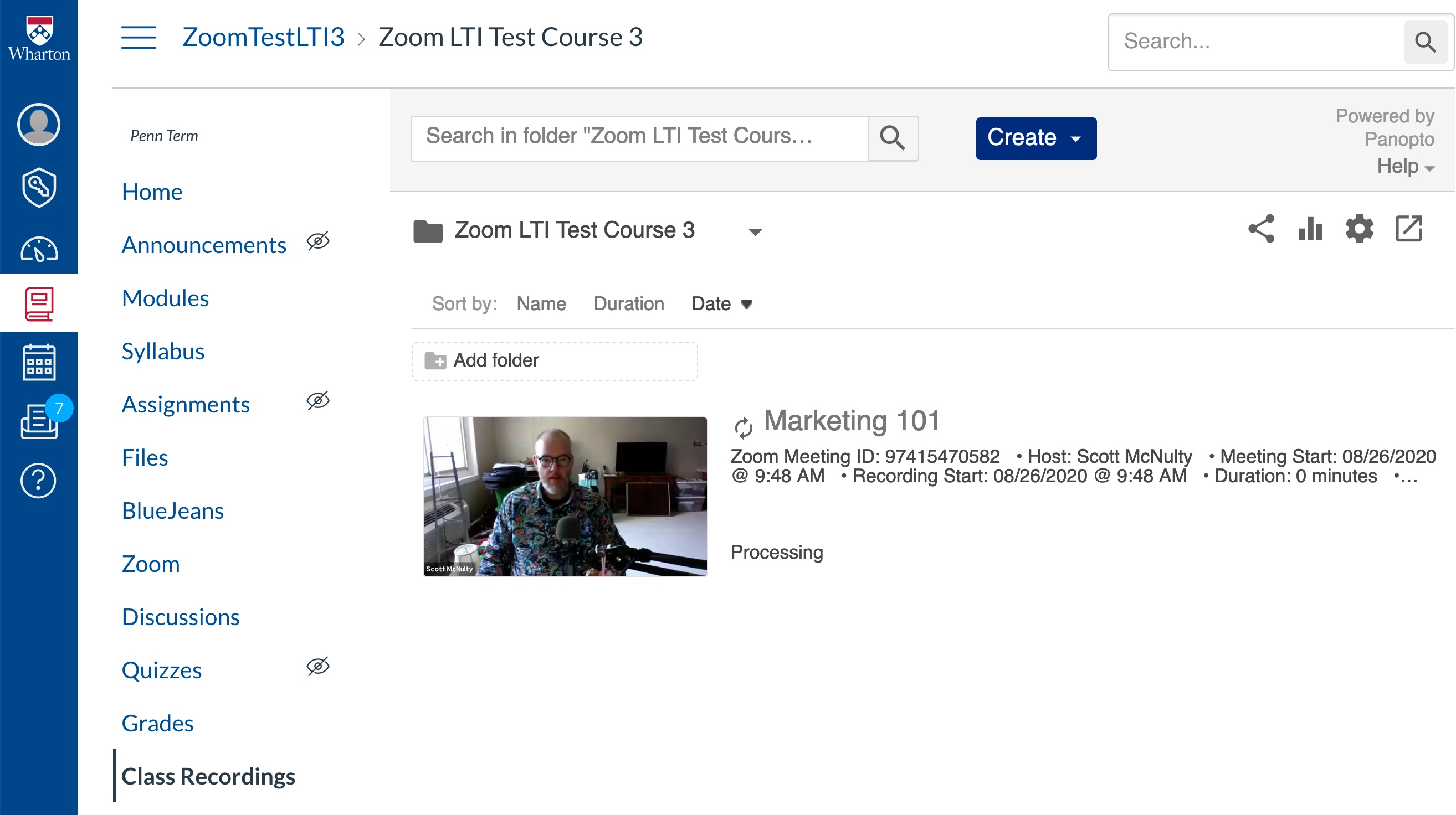 Screenshot of the Class Recordings tab of Canvas listing one recorded Zoom meeting.