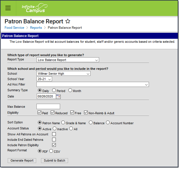 Screenshot of the Patron Balance Report editor.