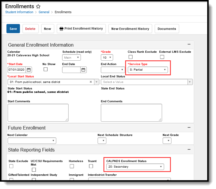 Screenshot of the Enrollment editor highlighting the Service Type and the CALPADS Enrollment Status fields. 