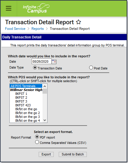 Screenshot of the Transaction Detail Report Editor.