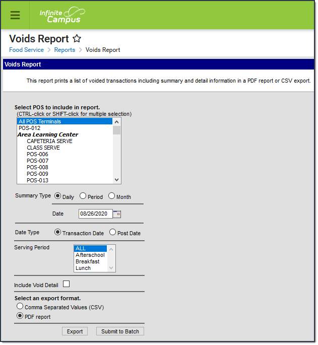 screenshot of the voids report editor.