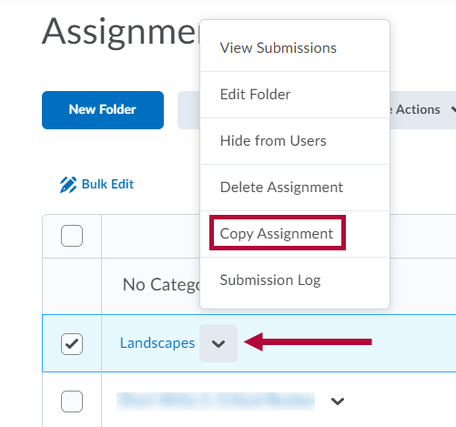 Indicates Assignment Folder options, identifying Copy Assignment option.