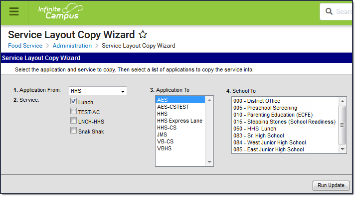 Screenshot of the Service Layout Copy Wizard.