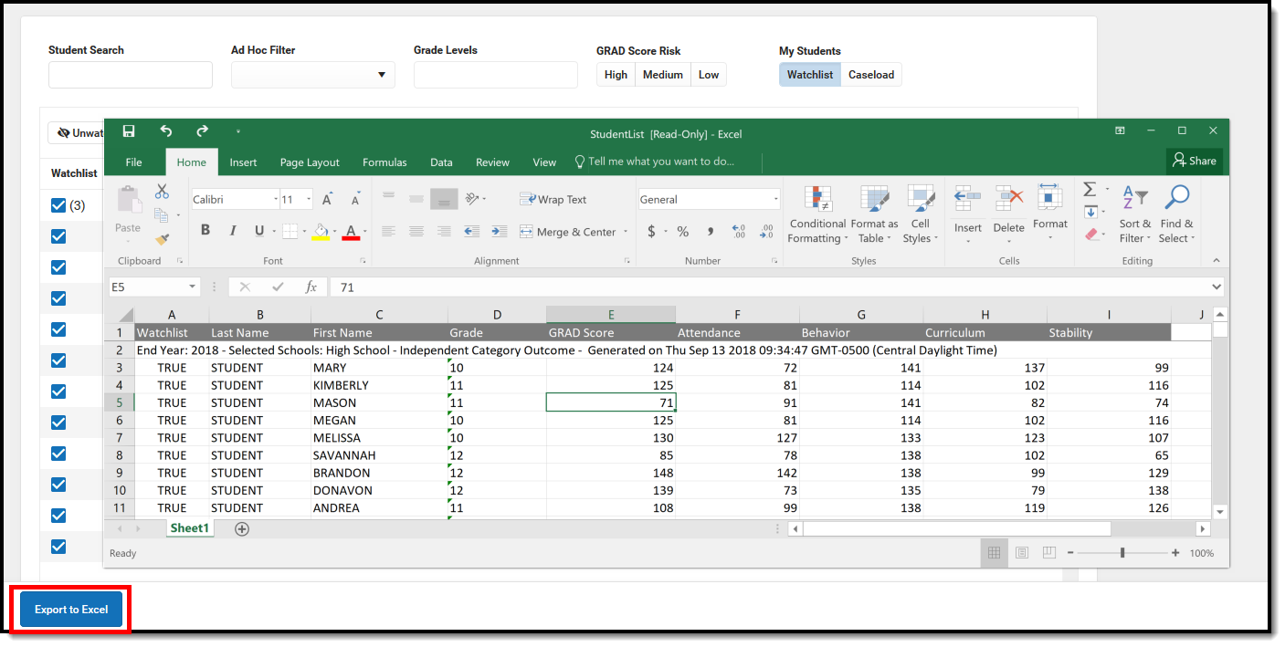 Screenshot of an example Exported Student List in excel format.