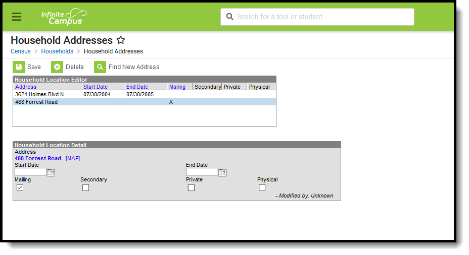 Screenshot of the Addresses tool. An address is selected and the information for that address displays.