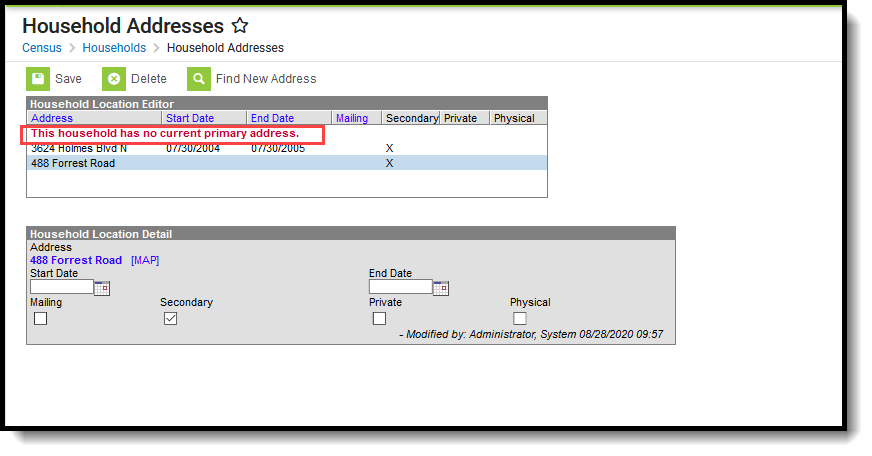 Screenshot of the Addresses tool. The message about the household not having a current primary address is highlighted.