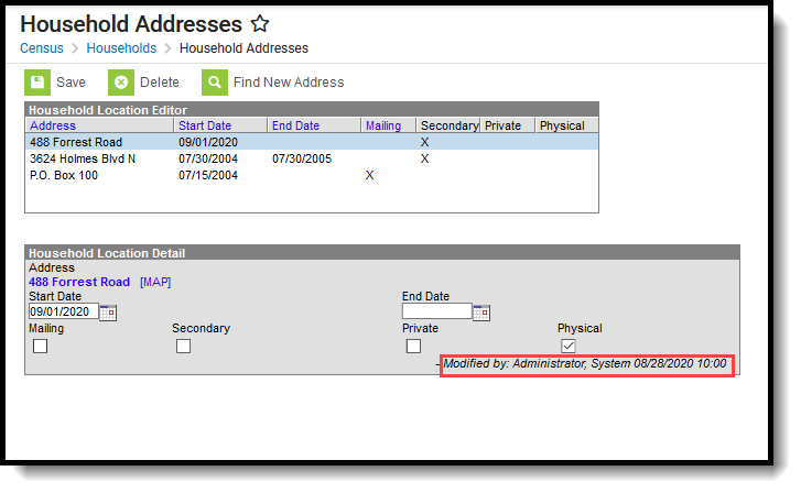 Screenshot of the Addresses editor where the name of the person who last modified the information is highlighted.