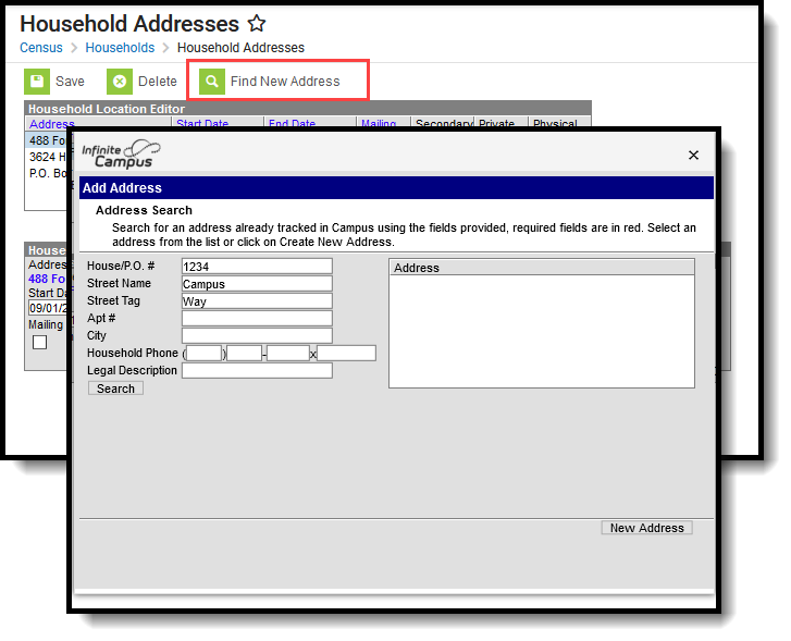 Two-part screenshot of the Addresses tool and the Address Search screen after the Find New Address button is clicked.