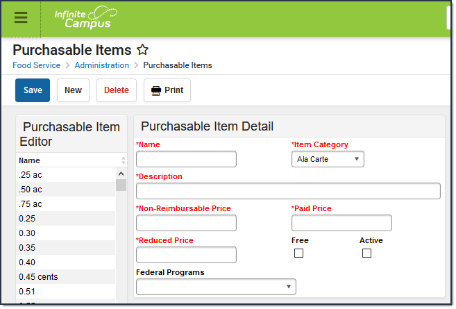 Screenshot of the Purchasable Items list and detail editor.