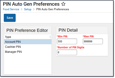 Screenshot of the Account PIN detail editor.