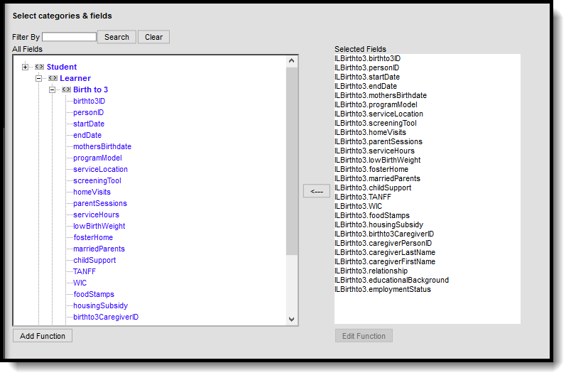 Screenshots of ad hoc query fields available for Birth to 3 Program.