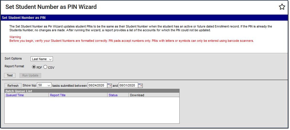 Screenshot of the Set Student Number as PIN Wizard.