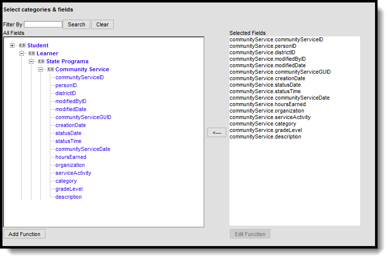 Screenshot of ad hoc fields on which a Community Service query can be run.
