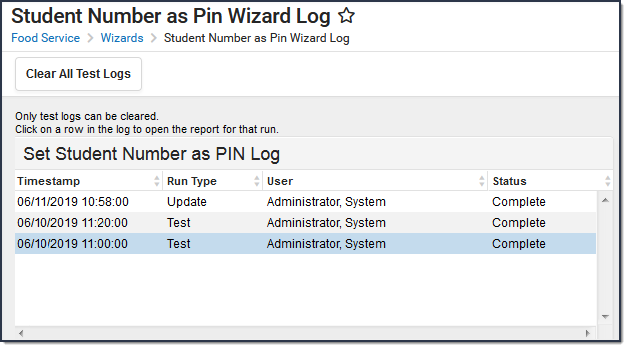 Screenshot of Set Student Number as PIN Log.