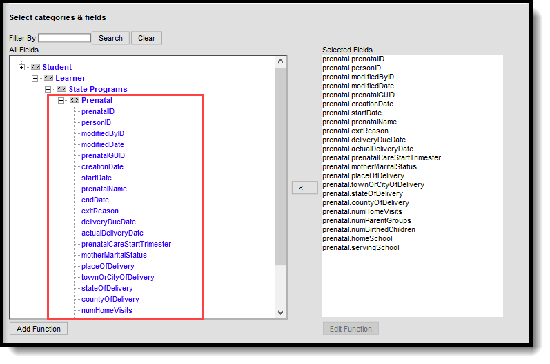 Screenshot of ad hoc fields on which a prenatal program query can be run.