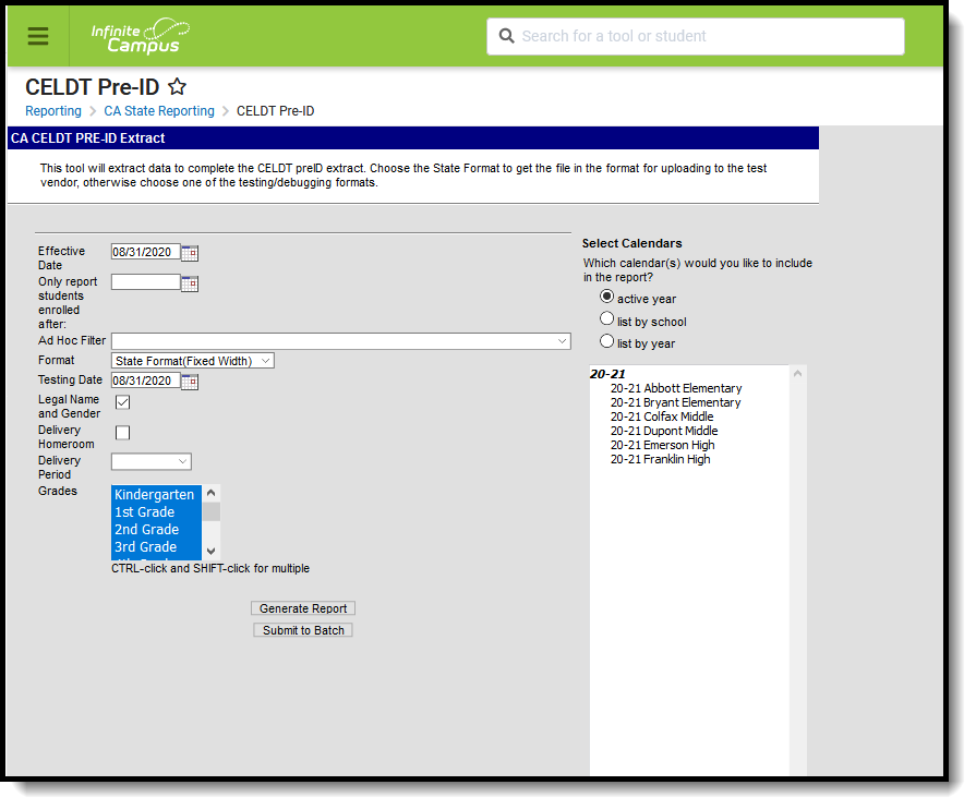 Screenshot of the CELDT Pre-ID extract editor. 