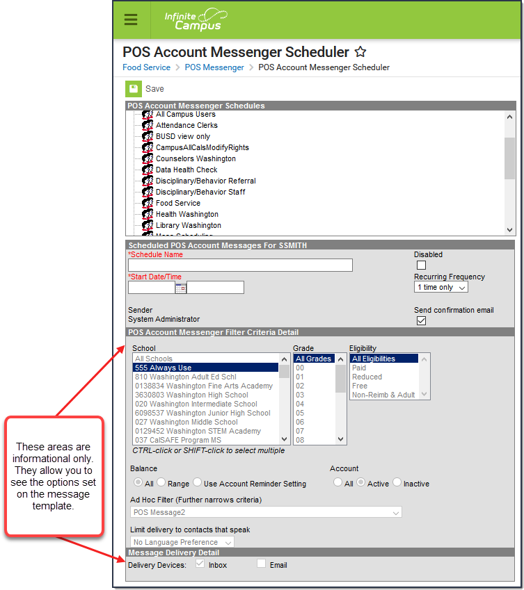 Screenshot of the POS Account Messenger Scheduler tool with read-only areas indicated. 