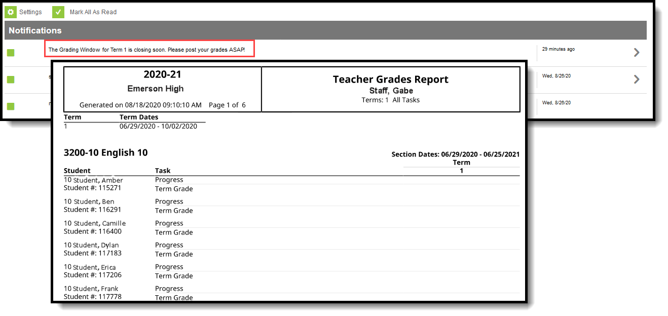Screenshot of an example of a message that includes details regarding missing grades.