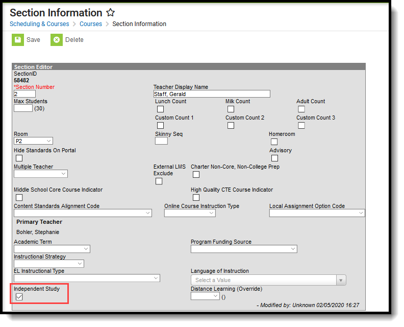 Screenshot of the Section Information tool with the Independent Study field highlighted. 