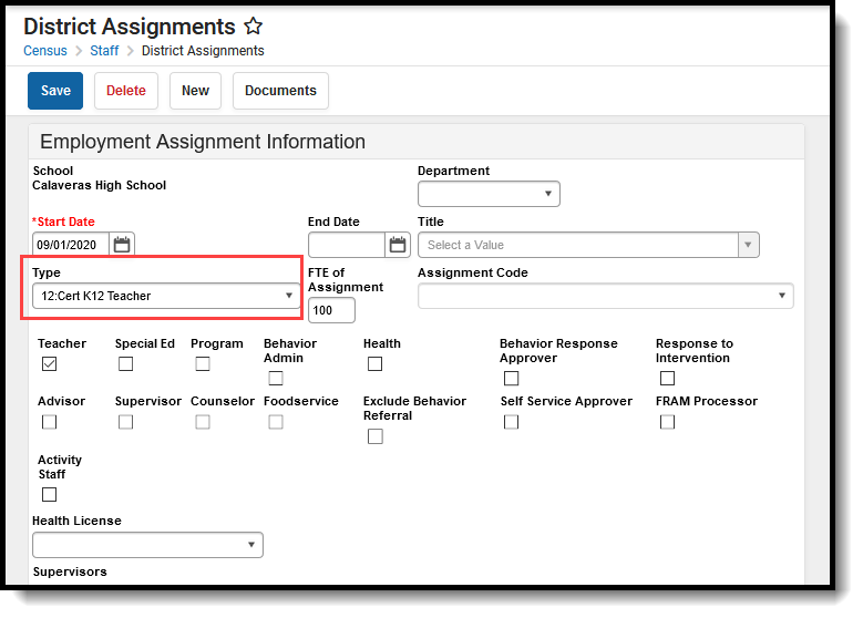 Screenshot of a District Assignment with the Type field highlighted. 