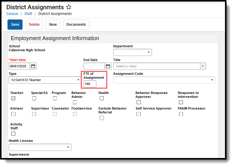 Screenshot of a District Assignment with the FTE of Assignment field highlighted. 