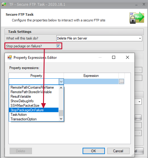 Task Factory Secure FTP Task Stop package on failure option in Property Expressions Editor