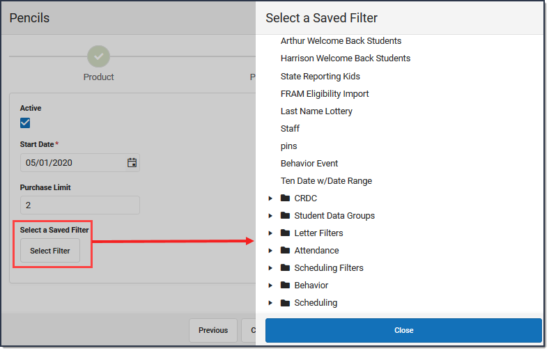 Screenshot of selecting a filter when setting up the school store. 