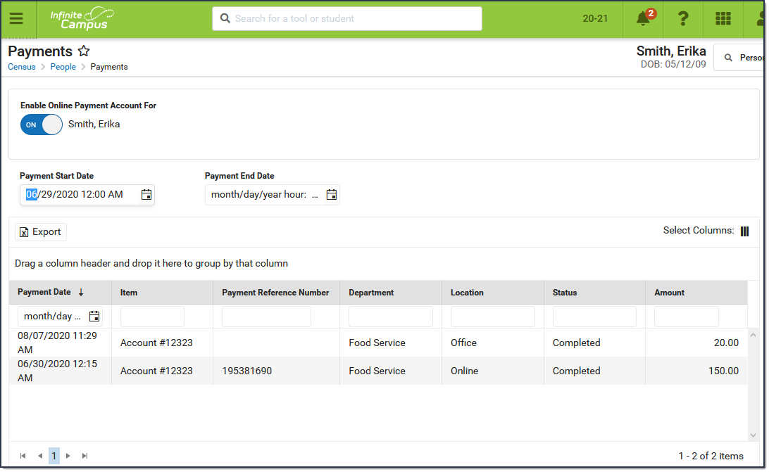 Screenshot of the Payments tool for a person, showing the pyaments toggle and a history of completed payments.