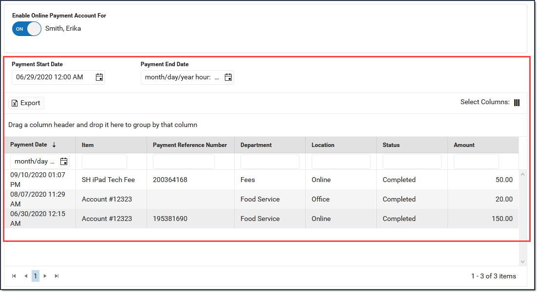 Screenshot of the payments tool, calling out the payment history table and related filter controls.