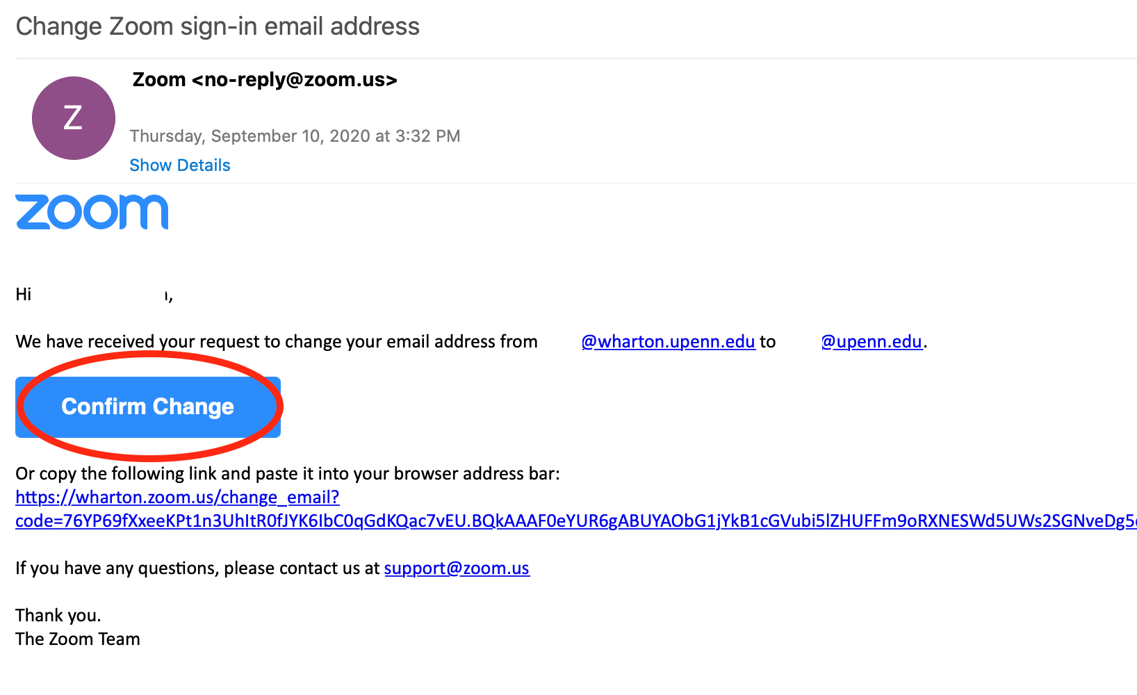 Email which includes a blue button labeled 