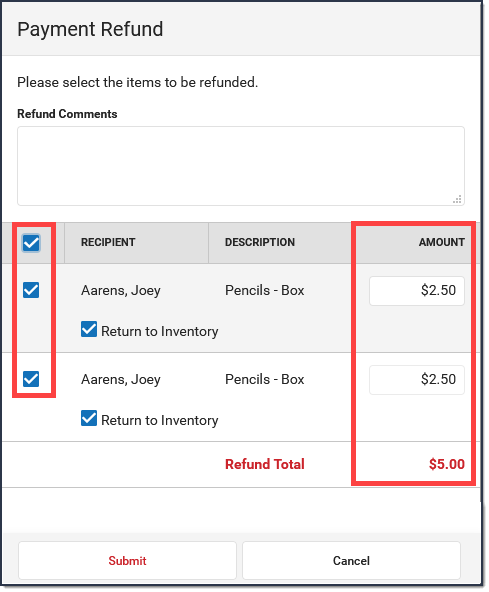 Screenshot of payment refund