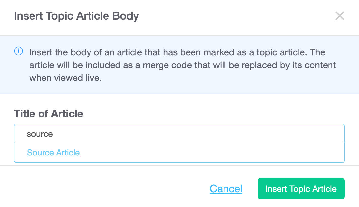 Screenshot of KnowledgeOwl interface, showing the modal to find and insert a topic article.