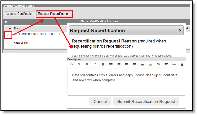 Screenshot of Requesting Recertification of an Event