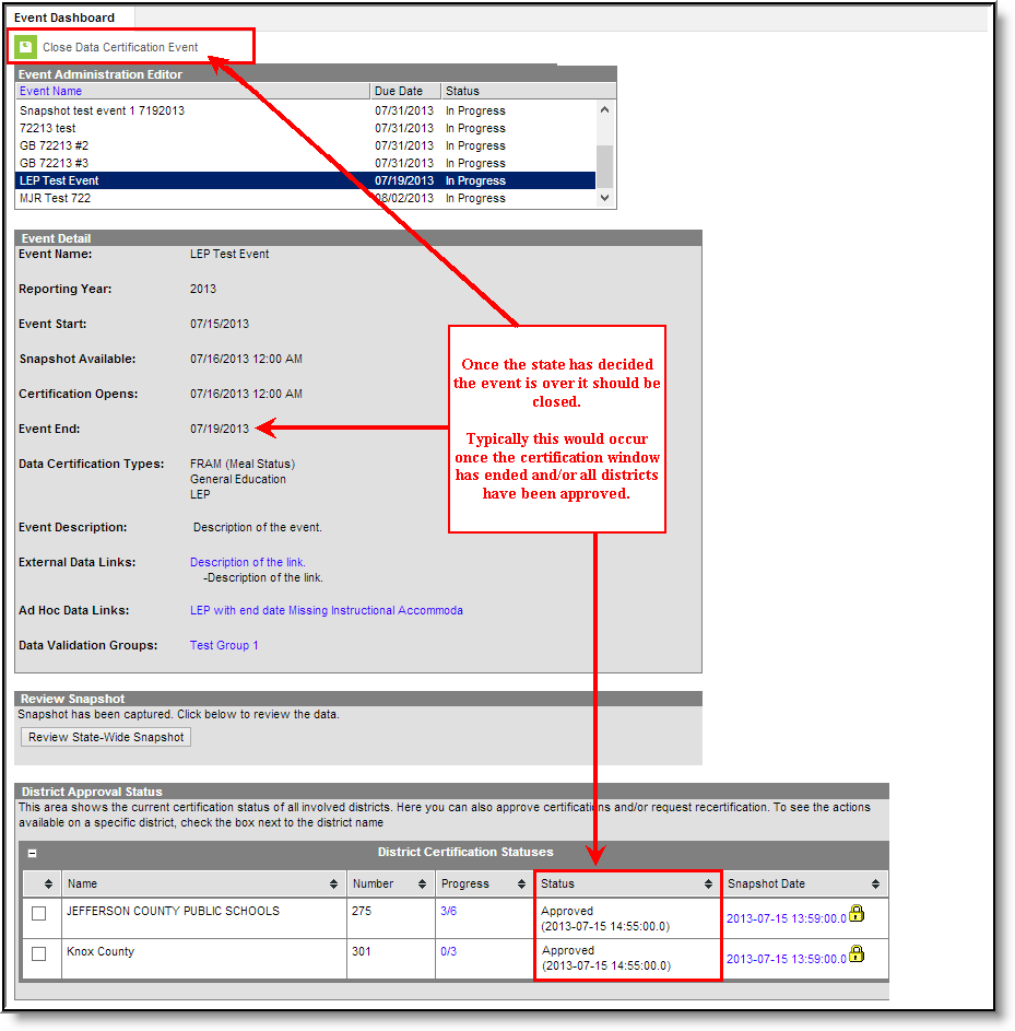 Screenshot of Closing a Data Certification Event