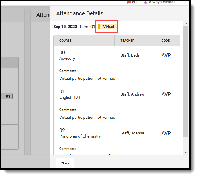 Screenshot showing Virtual attendance indicator. 