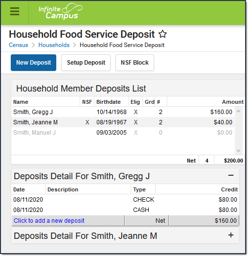 Screenshot of the Household Food Service Deposit tool.