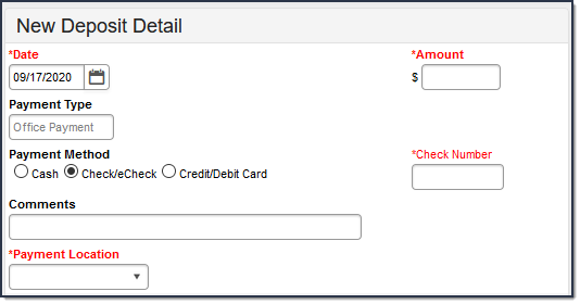 Screenshot of the New Deposit Detail section when the Check and eCheck option is selected.